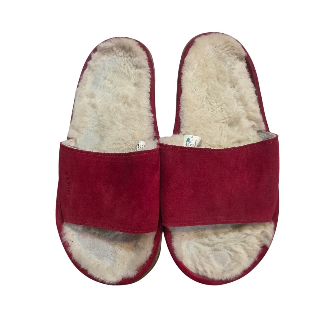 LL Bean Womens 8 Red Suede Shearling Slide Slippers Open Toe 0FCQ3 04